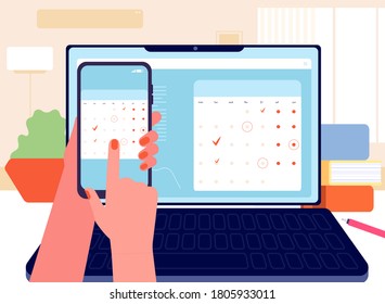 Data Synchronization. Planner, Calendar And To-do List. Schedule, Time Management Business Application. Digital Organizer, Information Transferred From Phone To Laptop Vector Illustration