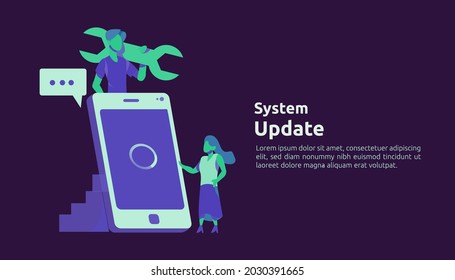 Data synchronize process and installation program. Update progress concept of operation system. illustration web landing page template, banner, presentation, UI, poster, ad, promotion or print media