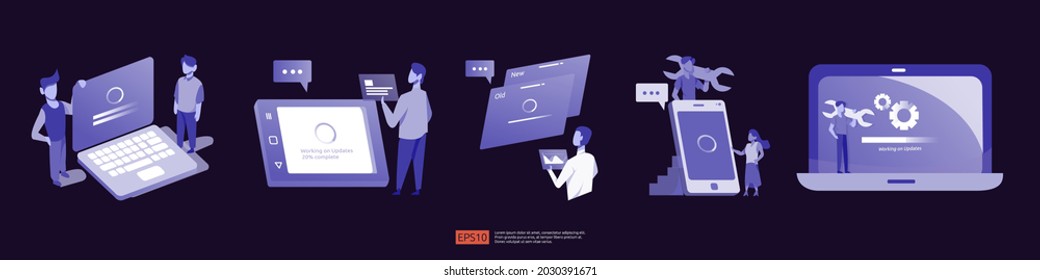 Data synchronize process and installation program. Update progress concept of operation system. illustration web landing page template, banner, presentation, UI, poster, ad, promotion or print media