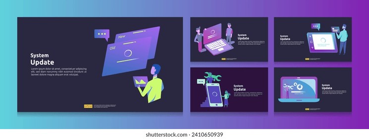 Data synchronize process and installation program. Update progress of operation system bundle set. illustration landing page template, banner, presentation, UI, poster, ad, promotion or print media