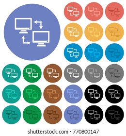 Data syncronization multi colored flat icons on round backgrounds. Included white, light and dark icon variations for hover and active status effects, and bonus shades on black backgounds.