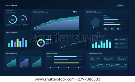 Data System Analytics Dashboard UI Vector. Dark data system dashboard UI with market synthesis chart, radar metric field, capital pulse rings, vertical comparison bars, histogram grid. Vector app