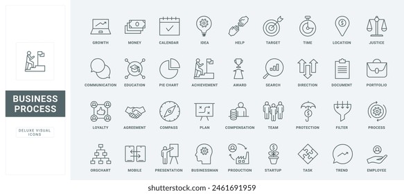 Sistema de datos, gestión de proyectos y documentos, premios al éxito, símbolos de contorno finos en negro y rojo, Ilustración vectorial. Conjunto de iconos de proceso de negocio, organización de flujo de trabajo y línea de liderazgo