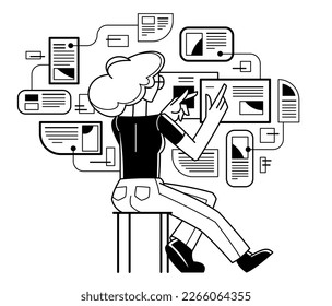 Data systematization, collecting and analyzing information, woman intellectual worker making analysis of some data on pc or web, vector outline illustration.