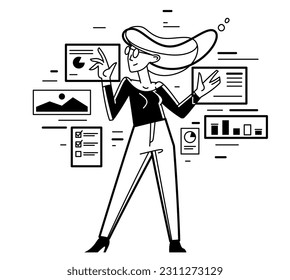 Data systematization, collecting and analyzing information, woman intellectual worker making analysis of some data on pc or web, vector outline illustration.