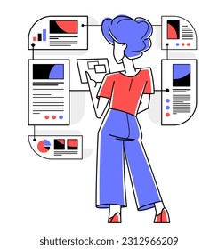 Data systematization, collecting and analyzing information, woman intellectual worker making analysis of some data on pc or web, vector outline illustration.