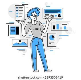 Data systematization, collecting and analyzing information, intellectual worker making analysis of some data on pc or web, vector outline illustration.
