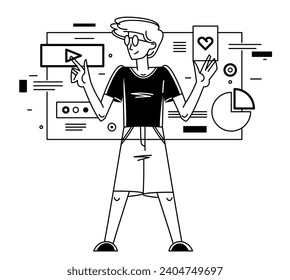 Data systematization, collecting and analyzing information, intellectual worker making analysis of some data on pc or web, vector outline illustration.