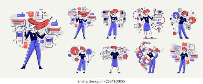Data systematization, collecting and analyzing information, intellectual worker making analysis of some data on pc or web, vector outline illustration set.
