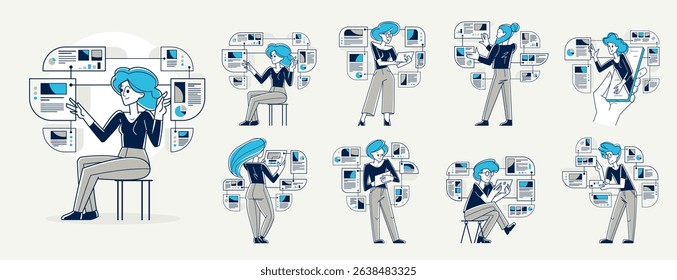 Data systematization, collecting and analyzing information, intellectual worker making analysis of some data on pc or web, vector outline illustration set.
