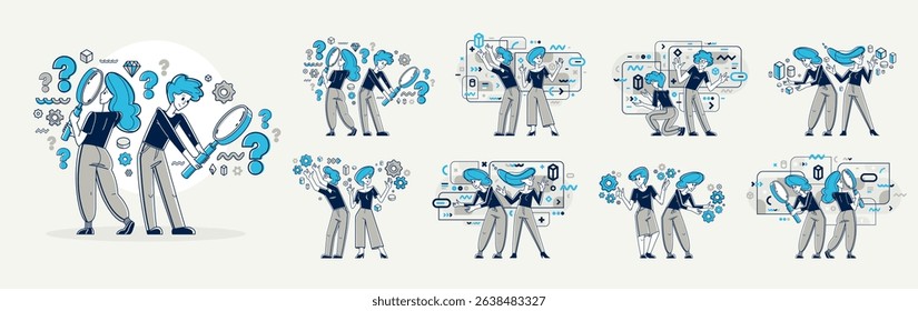 Data systematization, collecting and analyzing information, intellectual worker making analysis of some data on pc or web, vector outline illustration set.