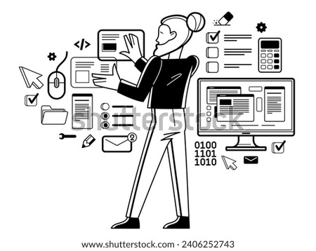 Data systematization, collecting and analyzing information, intellectual worker making analysis of some data on pc or web, vector outline illustration.