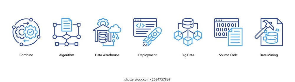 Data Systems web banner icon vector illustration featuring Combine, Algorithm, Data Warehouse, Deployment, Big Data, Source Code, and Data Mining.