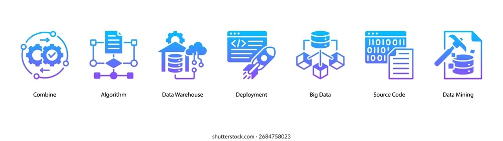 Data Systems web banner icon vector illustration featuring Combine, Algorithm, Data Warehouse, Deployment, Big Data, Source Code, and Data Mining.