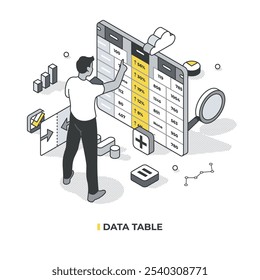 Data table analyst tool. Analyst is sorting, filtering data columns. One of the analysis tools. Database management, data structure, data analysis