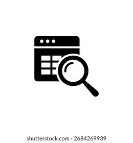 Icono de búsqueda de tabla de datos. Estilo sólido simple. Lupa sobre una tabla de datos, contabilidad, contador, auditoría, análisis, concepto de evaluación. Silueta, símbolo de glifo. Diseño aislado