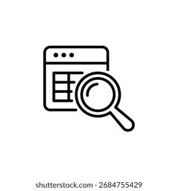 Data table search icon. Simple outline style. Magnifying glass over a data table, accounting, accountant, audit, analytics, assessment concept. Thin line symbol. Isolated design