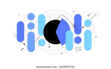 Tecnologia de dados. Gráfico de pizza com bolhas de dados. Ilustração plana abstrata. Arquivo vetorial.