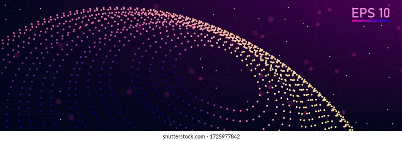 Ilustración futurista abstracta de tecnología de datos. Forma de polos baja con puntos de conexión y líneas sobre fondo oscuro. Gran visualización de datos.