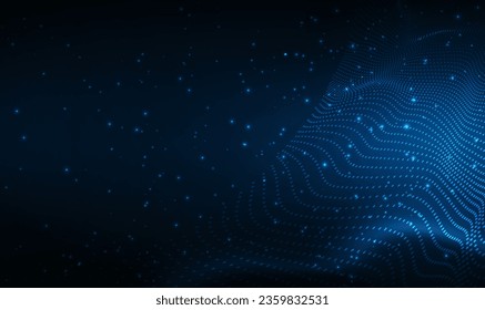 Data technology background. 3D illuminated digital wave of glowing particles. Connecting dots on dark background. Futuristic dots pattern. Big data visualization. Technology or Science. Vector EPS10.