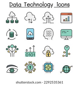 Data Technology, Database, Cloud Computing, Server, Computer network color line icon set