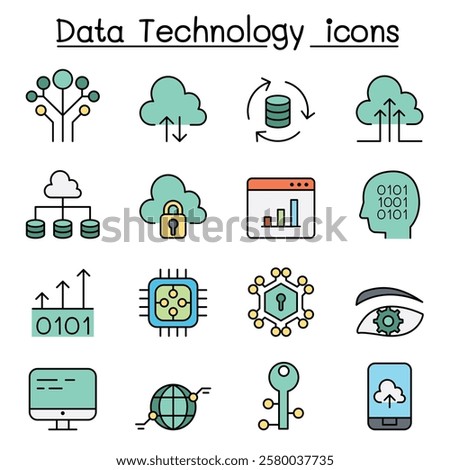 Data Technology, Database, Cloud Computing, Server, Computer network icon set in color line style
