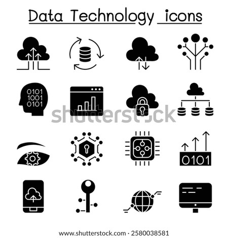 Data Technology, Database, Cloud Computing, Server, Computer network icon set in glyph style