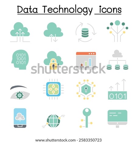 Data Technology, Database, Cloud Computing, Server, Computer network icon set  in flat color style