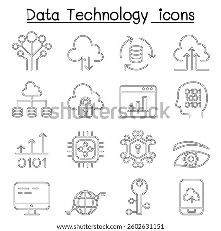 Data Technology, Database, Cloud Computing, Server, Computer network icon set in thin line style