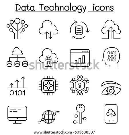 Data Technology, Database, Cloud Computing, Server, Computer network icon set in thin line style