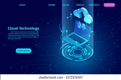 Data technology with exchange of information between the computer and the cloud. vector illustration isometric style