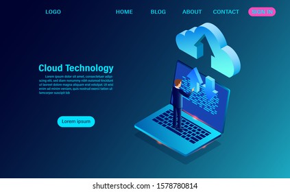 Data technology with exchange of information between the computer and the cloud. vector illustration isometric style