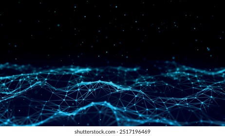 Data technology illustration. Abstract background with a dynamic wave. Dark background. Big data visualization. Plexus. Vector illustration