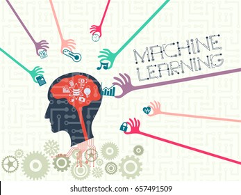 Data technology and machine learning concept. Many hands putting information data into artificial intelligence head with some database inside the head and wording.