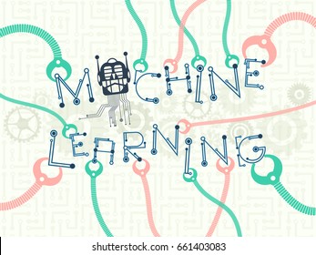 Data technology and machine learning concept. Robot head and mechanic arm holding letters to form the machine learning wording.