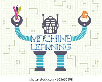 Data Technology And Machine Learning Concept. Robot Raising Hands Holding Material And Tools For Study With Electronic Circuit On Background.