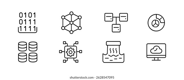 Data, technology outline icon set - linear, network, and analysis symbols