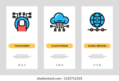 Data Technology Services and Information Technology Banners. Touchscreen, Cloud Storage, Global Services Vertical Cards. Vector Concept For Web Graphics.