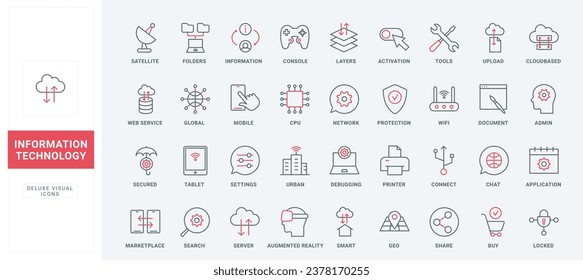 Data technology thin black and red line icons set vector illustration. Outline digital network protection and cloud connection pictograms, internet hosting service, server access and settings