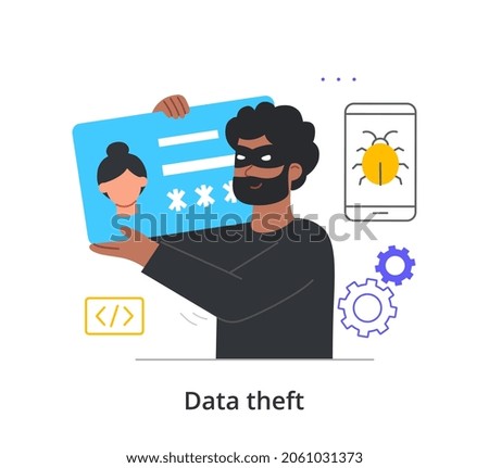 Data theft concept. Man hacks bank card. Fraudster steals user personal information and his money. Hacker attack or internet security. Cartoon flat vector illustration isolated on white background