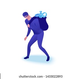 Data theft concept, man stealing information in sack, 3d isometric vector illustration, cyber crime, hacking, computer security
