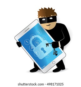 Data theft. Hacker breaks into smartphone. Cyber attacker trying to hack smart phone. Vector concept abstract illustration.