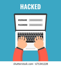 Data theft. Hacker breaks into computer. Cyber attacker trying to hack computer. Flat cartoon style. Vector illustration.