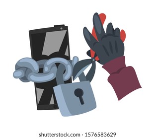 Data Theft. Hacker Wearing Gloves Breaking into Smartphone Vector Illustration