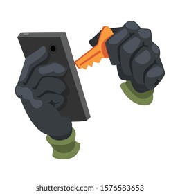 Data Theft. Hacker Wearing Gloves Breaking into Smartphone Vector Illustration