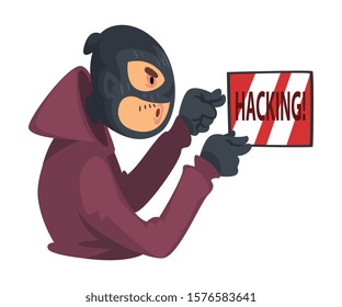 Data Theft. Hacker Wearing Mask Breaking into Electronic Device Vector Illustration
