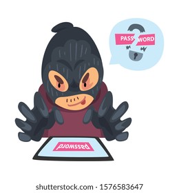 Data Theft. Hacker Wearing Mask Breaking into Electronic Device Vector Illustration