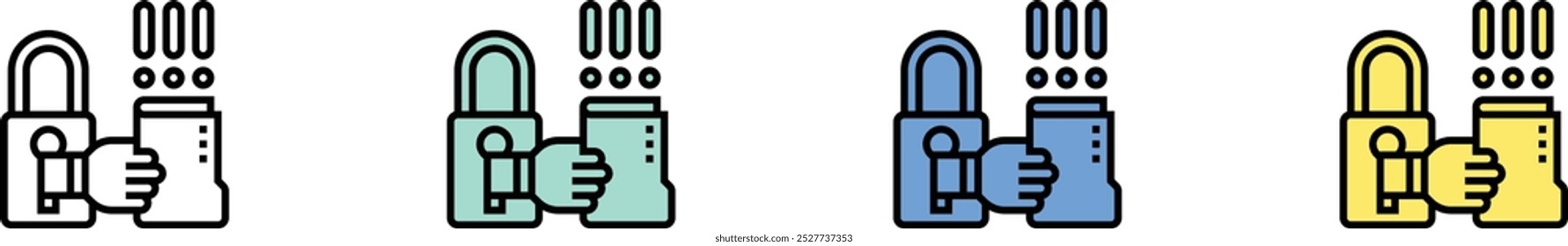 Symbol für Datendiebstahl. Kontur, Design im grünen, blauen und gelben Stil einzeln auf weißem Hintergrund