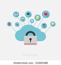 Data theft protection. Secure Cloud Computing. Cartoon vector.