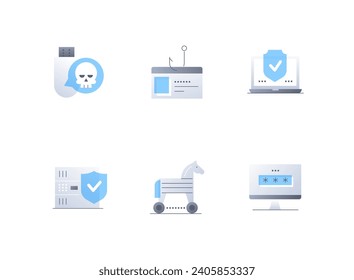 Data theft and threat - flat design style icons set. High quality colorful images of flash drive with virus, phishing, secure and verified account, reliable server, trojan horse and password